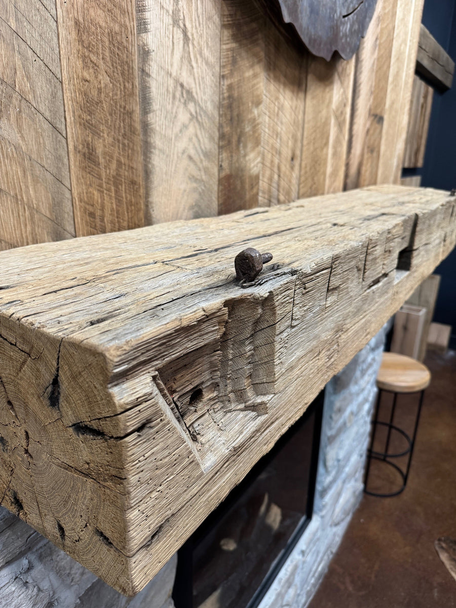 Hewn Oak Mantel- Metal Relic Detail
